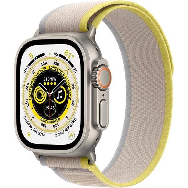 Image Ceas inteligent Apple Watch Ultra GPS + LTE 49mm MQFU3 Titanium Case Yellow/Beige Trail Loop - M/L