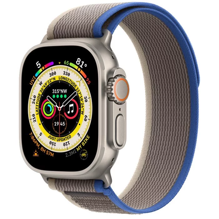 Image Ceas inteligent Apple Watch Ultra GPS + LTE 49mm MQFV3 Titanium Case Blue/Gray Trail Loop - M/L