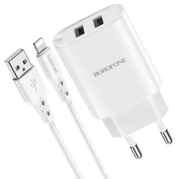 Image Incarcator Borofone Сable USB to Lightning BN2 2xUSB 2.1A White