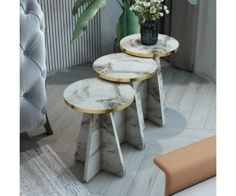 Image Набор журнальных столиков Prestige Efes 3 pcs 330x43/46/49 (White Marble/Gold)
