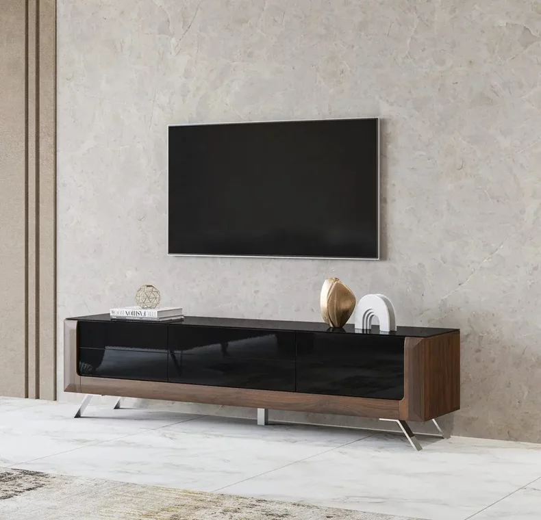 Image Dulap TV Helvetia Kasai 2D1S Walnut/Black Gloss