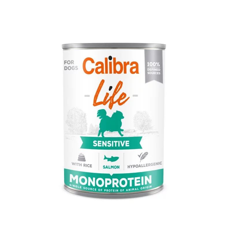 Hrana umeda pentru caini Calibra Dog Life can Sensitive Salmon with rice 400g*6