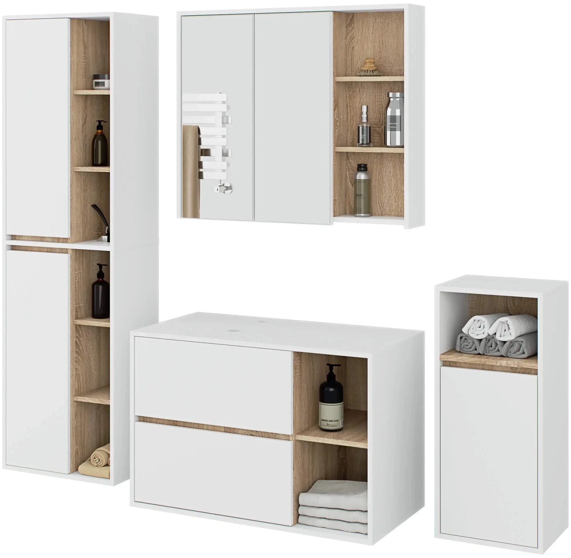 Комплект мебели для ванной Akord Vami с отверстиями, White/Sonoma Oak