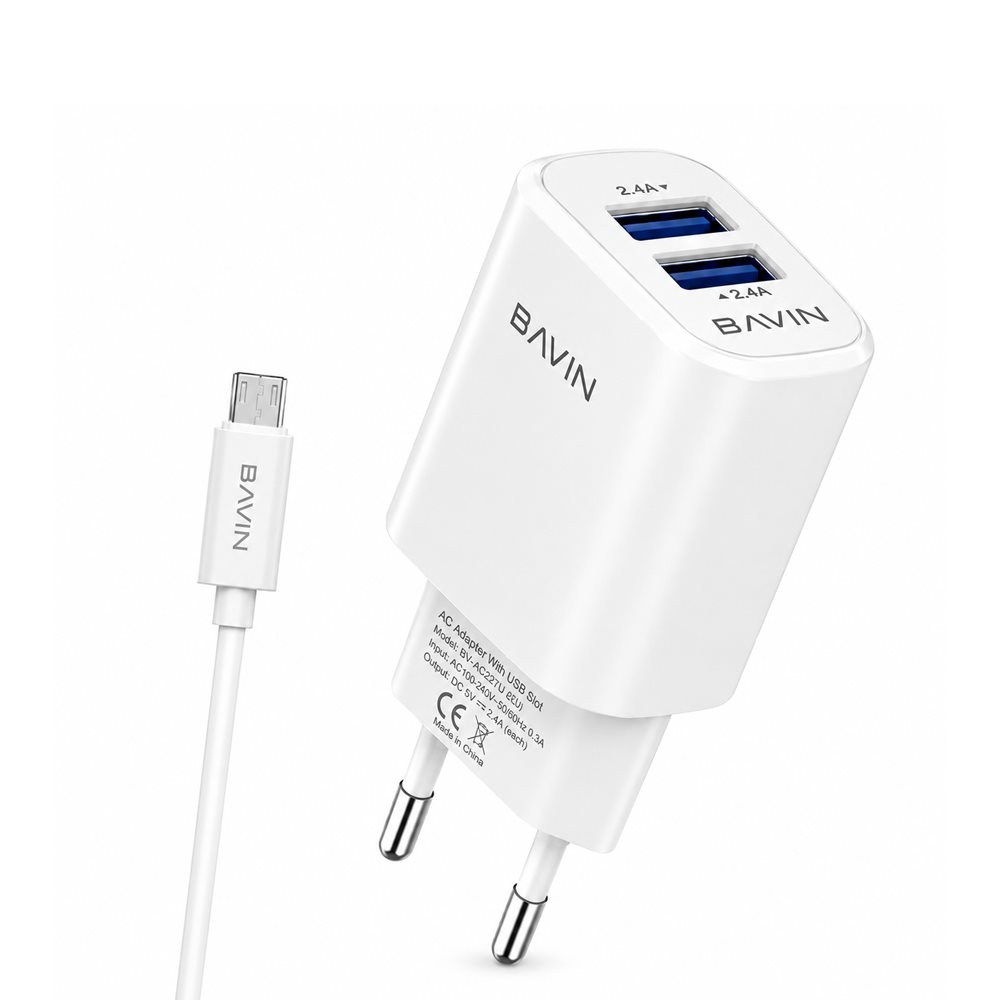 Încărcător BAVIN PC913Y Dual USB + Cable Micro-USB, White