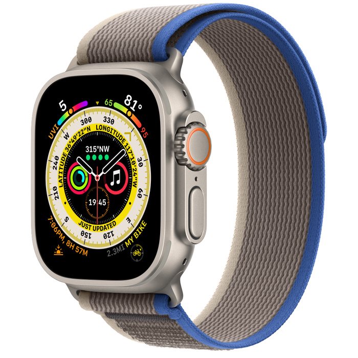 Image Ceas inteligent Apple Watch Ultra GPS + LTE 49mm MNHE3 Titanium Case Blue/Gray Trail Loop - S/M