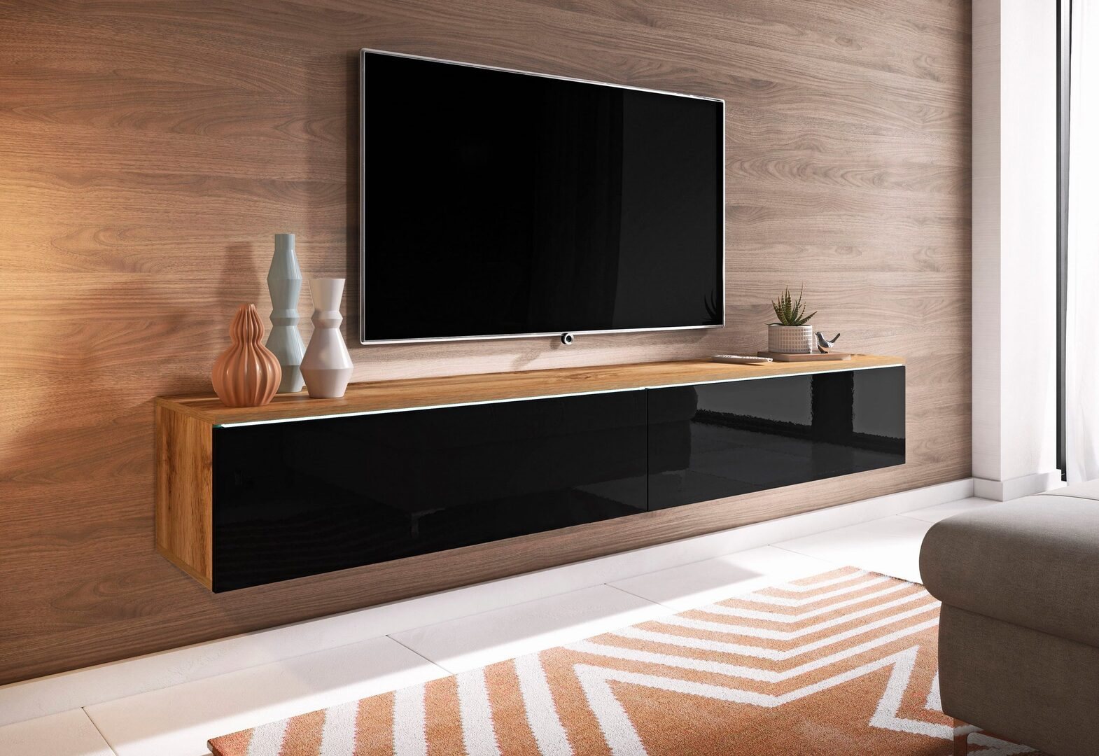 Image Тумба под телевизор Bratex Lowboard D 180 Wotan Oak/Black Gloss