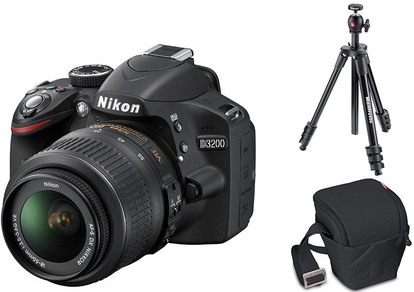 Image Зеркальный фотоаппарат Nikon D3200 Kit (18-55mm f/3.5-5.6G AF-S DX VR II) + Сумка Manfrotto Vivace 20 Holster + Штатив Manfrotto COMPACT LIGHT(Black)