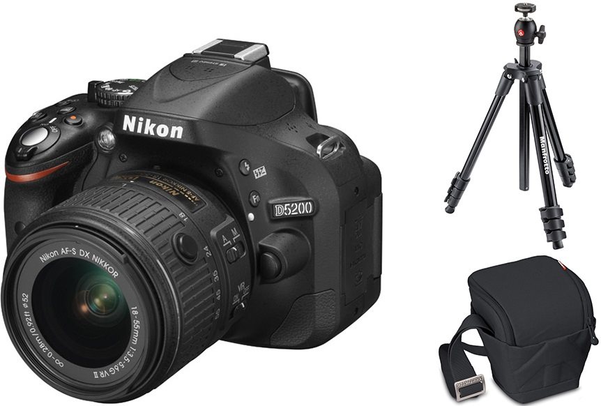 Image Зеркальный фотоаппарат Nikon D5200 Kit (18-55mm f/3.5-5.6G AF-S VR II DX) + Сумка Manfrotto Vivace 20 Holster + Штатив Manfrotto COMPACT LIGHT(Black)